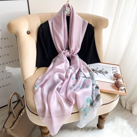 Sciarpa Scialle Donna Raso Di Raso Sintetica Lunga Elegante Stampa Floreale Motivo Fiori Di Ciliegio Stile Cinese Vintage