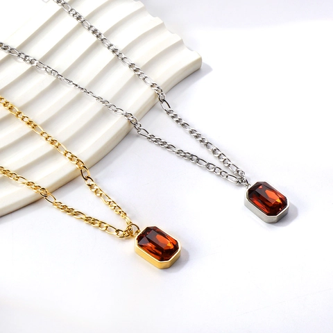 Rectangular Zircon Pendant Necklace Stainless Steel Figaro Chain Vintage Luxury Style Jewelry For Women