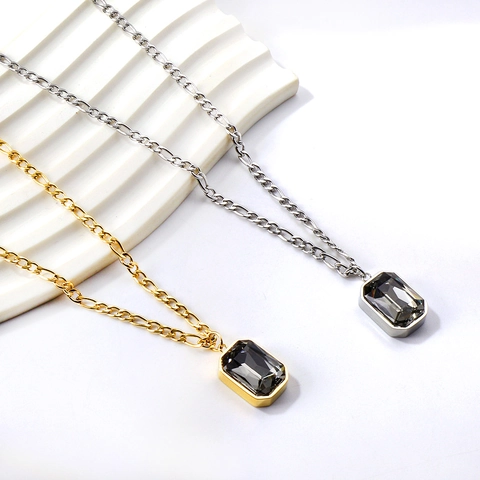 Rectangular Zircon Pendant Necklace Stainless Steel Figaro Chain Vintage Luxury Style Jewelry For Women