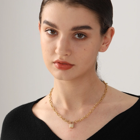 Trendy Stainless Steel Zirconia Lock Pendant Necklace For Women Hip Hop Bold Link Chain Gold Silver Plated Jewelry Gift