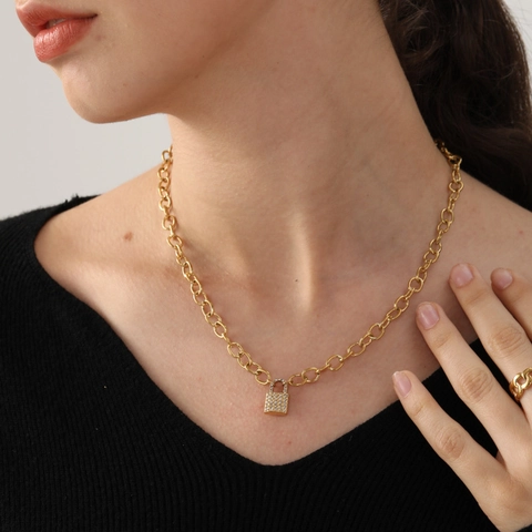Trendy Stainless Steel Zirconia Lock Pendant Necklace For Women Hip Hop Bold Link Chain Gold Silver Plated Jewelry Gift