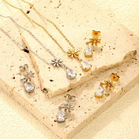 Collana E Orecchini Fiore Zircone Goccia Gioielli Acciaio Inossidabile Pendente Margherita Per Donna Stile Romantico