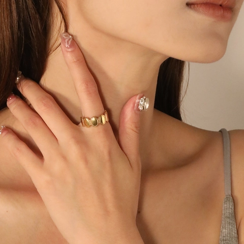 Stainless Steel 18K Gold Plated Oval Link Adjustable Open Ring With Beaded Edge Geometric Minimalist Jewelry Women