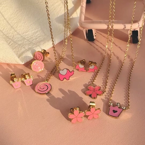 Pink Enamel Stainless Steel Jewelry Set Crown Elephant Flower Necklace And Stud Earrings For Women Girls