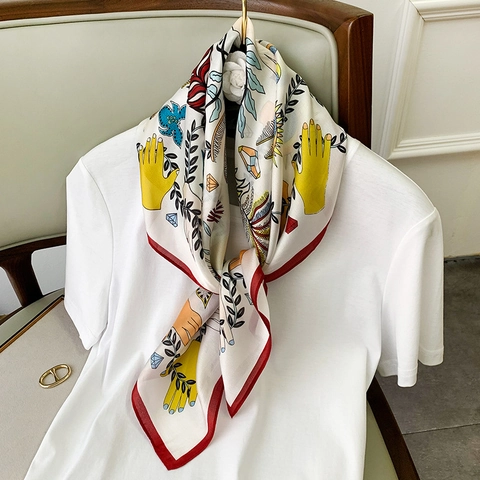 Sciarpa Quadrata Da Donna Con Stampa Artistica Elegante Foulard In Raso Sintetica Morbida Leggera Motivo Illustrazione