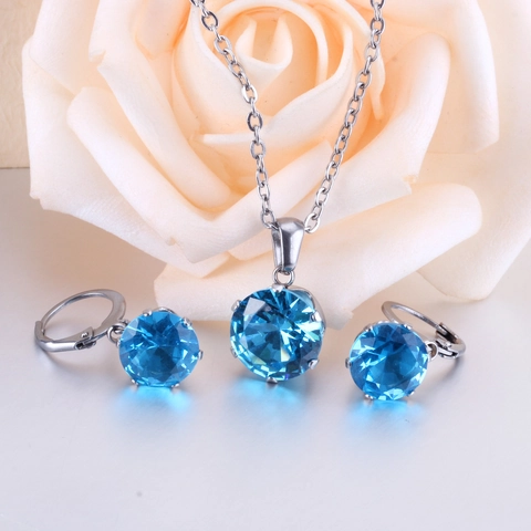 Round Cut Cubic Zirconia Necklace And Earrings Prong-Setting Stainless Steel Elegant Jewelry For Women