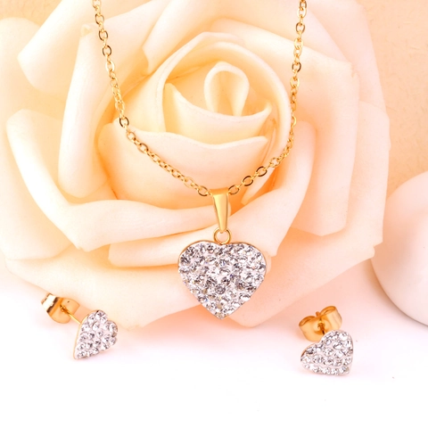 Heart Necklace And Stud Earrings Stainless Steel Cubic Zirconia Pave Romantic Sweet Style Jewelry For Women