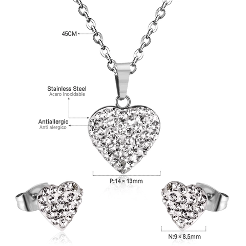 Heart Necklace And Stud Earrings Stainless Steel Cubic Zirconia Pave Romantic Sweet Style Jewelry For Women