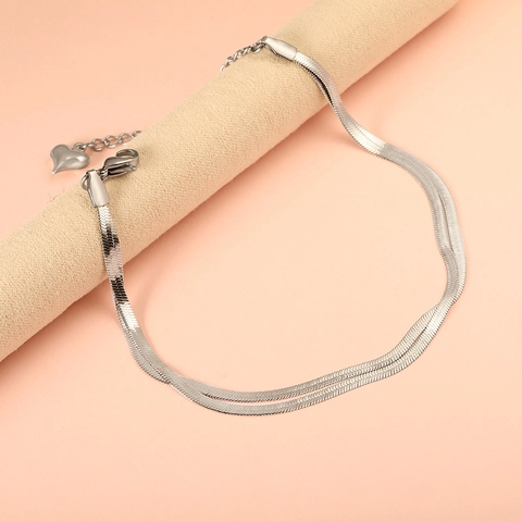 Zweilagige Flache Schlangenkette Fußkettchen Edelstahl Minimalistischer Herzanhänger Verstellbarer Fußschmuck Für Damen