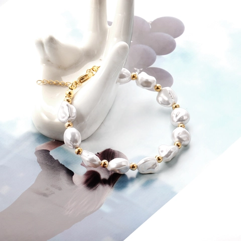 Pulsera De Perlas Artificiales De Imitación Barroca Con Cuentas De Acero Inoxidable Cadena Ajustable Joyería Elegante Para Mujer