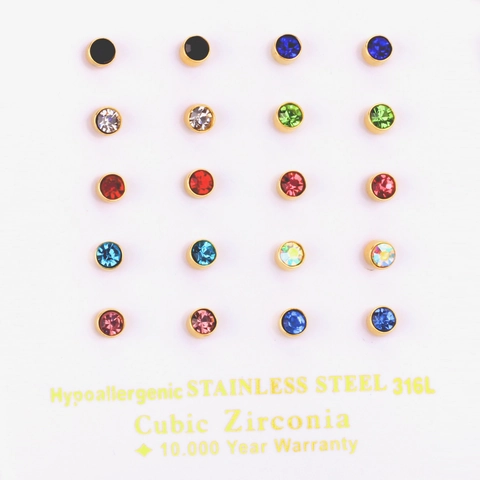 Stud Earrings 316L Stainless Steel Multi-color Cubic Zirconia Round Small Hypoallergenic Jewelry For Women