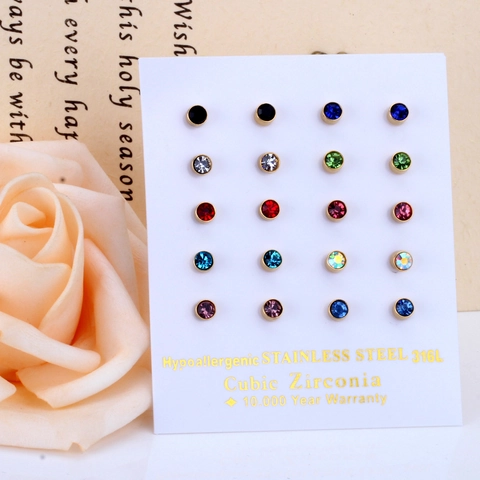 Stud Earrings 316L Stainless Steel Multi-color Cubic Zirconia Round Small Hypoallergenic Jewelry For Women