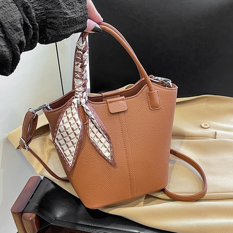 Vintage Litschimuster PU Leder Beuteltasche Damen Große Kapazität Handtasche Mit Halstuch Umhängetasche