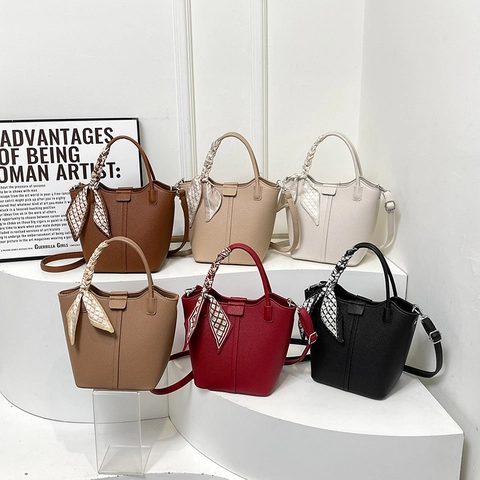 Vintage Litschimuster PU Leder Beuteltasche Damen Große Kapazität Handtasche Mit Halstuch Umhängetasche