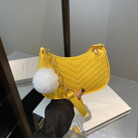 Women Chevron Quilted Felt Shoulder Bag With Metal Chain And Plush Ball Charm Fashion Underarm Bag Small Handbag