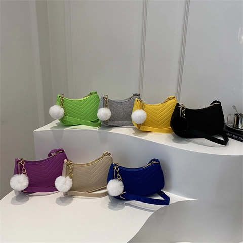 Women Fashion Chevron Quilted Felt Underarm Bag With Metal Chain And Plush Ball Pendant Minimalist Casual Shoulder Bag
