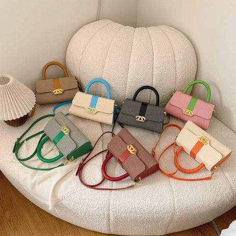 Damen Mode Kontrastfarbe Box Tasche PU Leder Gewebte Textur Handtasche Elegante Metallschnalle Schulter Umhängetasche Für Den Alltag Party