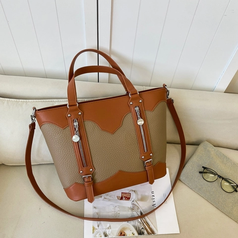 Borsa Tote da Donna di Grande Capacità Retro in Pelle PU Cuciture Doppia Cerniera Borsa a Mano Tracolla per Lavoro Quotidiano