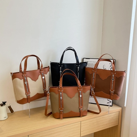 Borsa Tote da Donna di Grande Capacità Retro in Pelle PU Cuciture Doppia Cerniera Borsa a Mano Tracolla per Lavoro Quotidiano