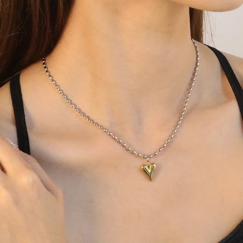 Edelstahl Herz Anhänger Halskette 3D Puffiges Herz Minimalistischer Süßer Schmuck Für Frauen Täglicher Gebrauch Goldton