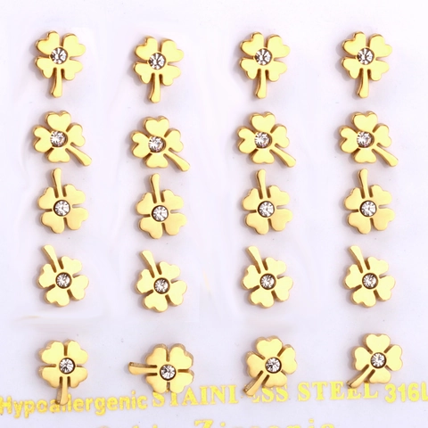 Four Leaf Clover Stud Earrings 316L Stainless Steel Hypoallergenic Cubic Zirconia Small Flower Jewelry For Women