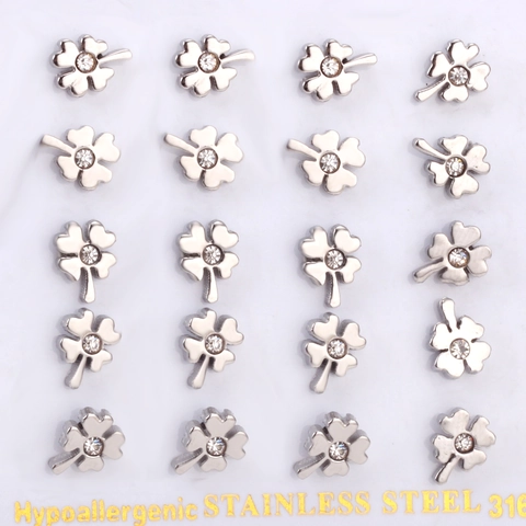 Four Leaf Clover Stud Earrings 316L Stainless Steel Hypoallergenic Cubic Zirconia Small Flower Jewelry For Women