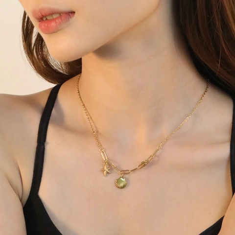 Muschel Seestern Anhänger Halskette Edelstahl Büroklammer Perle Gemischte Kette Zirkon Sommer Strand Stil Für Damen