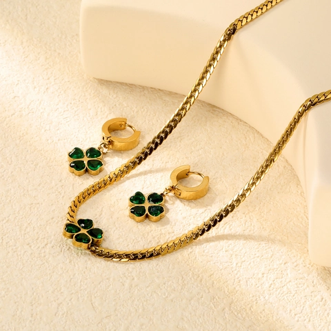 Collier Et Boucles D'oreilles Pendentif Trèfle Médaillon Portrait Acier Inoxydable Plaqué Or Zircon Style Rétro Pour Femmes