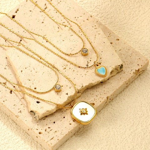 Double Layer Necklace 18K Gold Plated Stainless Steel Heart Square Star Pendant Zircon Dainty Jewelry For Women