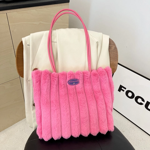 Damen Mode Plüsch Kunstpelz Tragetasche Vertikales Streifenmuster Große Kapazität Magnetverschluss Umhängetasche Winter Handtasche Für Damen