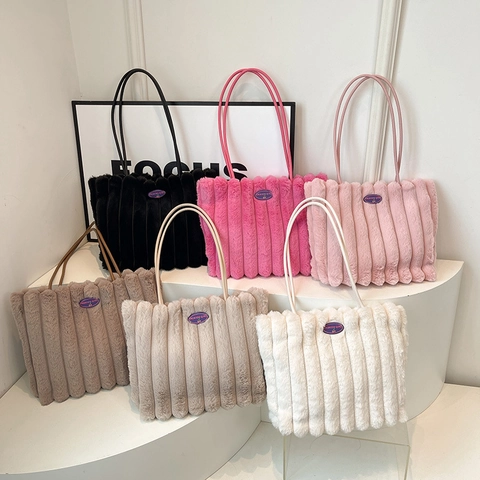 Damen Mode Plüsch Kunstpelz Tragetasche Vertikales Streifenmuster Große Kapazität Magnetverschluss Umhängetasche Winter Handtasche Für Damen