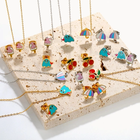 Stainless Steel Jewelry Set For Women Kids Cute Enamel Cherry Ghost Ice Cream Umbrella Pendant Necklace Stud Earrings Gold Silver Jewelry Gift