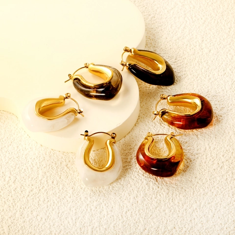 Retro Chunky U Shaped Hoop Earrings Stainless Steel Resin Marbled Smudge Texture Vintage French Style Fashion For Women