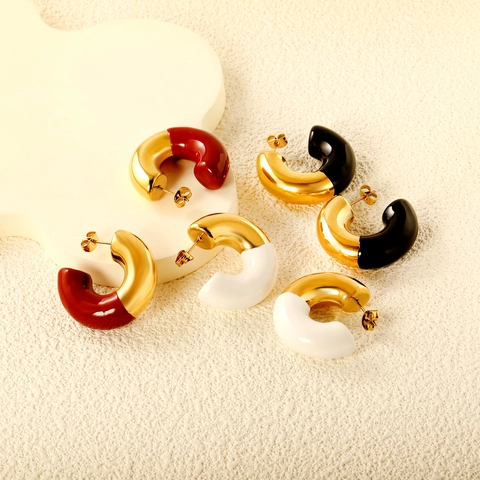 Vintage C-Vormige Hoop Oorbellen 18K Verguld Roestvrij Staal Emaille Contrastkleur Dikke Geometrische Studs Voor Dames
