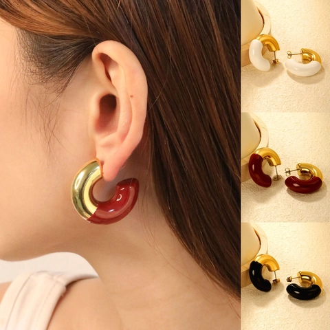 Vintage C-Vormige Hoop Oorbellen 18K Verguld Roestvrij Staal Emaille Contrastkleur Dikke Geometrische Studs Voor Dames