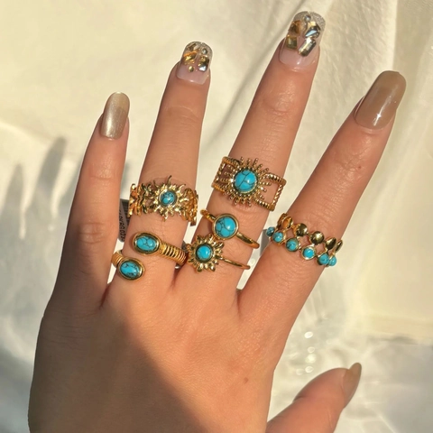 Bohemian Adjustable Open Ring Gold Plated Stainless Steel Turquoise Natural Stone Vintage Geometric Style For Women