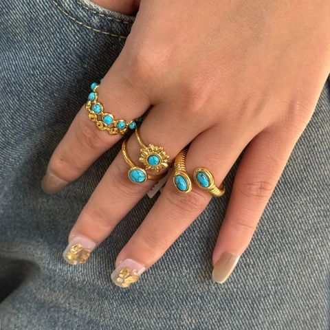 Bohemian Adjustable Open Ring Gold Plated Stainless Steel Turquoise Natural Stone Vintage Geometric Style For Women