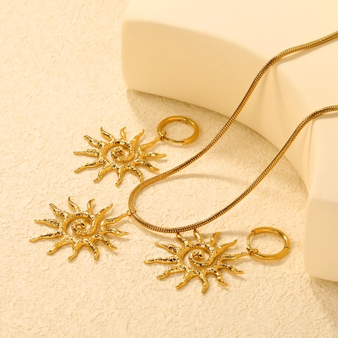 Fiore Sole Pendente Collana Orecchini Gioielli Acciaio Inossidabile Texture Spazzolata Design Spirale Cavo Donne Moda