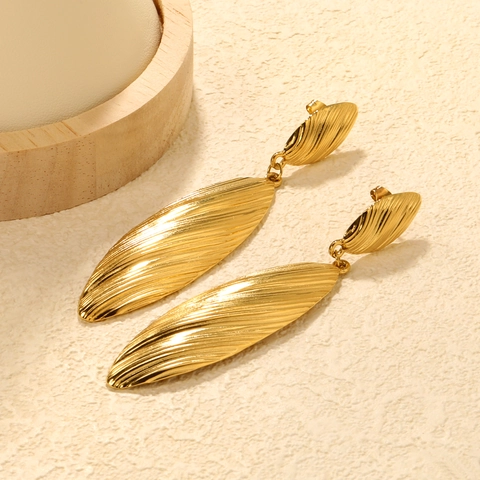 Gold Plated Stainless Steel Earrings Geometric Leaf Textured Drop And Hollow Rectangular Hoop Jewelry For Women Elegant