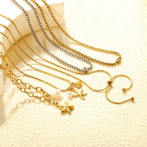 Stainless Steel Necklace Gold Plated Starfish Shell Artificial Pearl Zircon Pendant Snake Box Chain Adjustable Jewelry Women