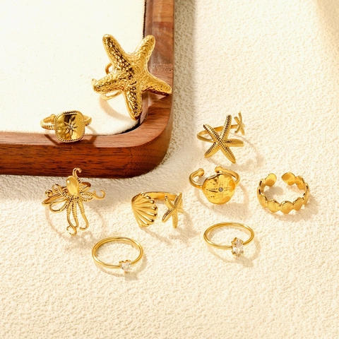 Adjustable Open Ring Gold Plated Stainless Steel Ocean Octopus Starfish Shell Starburst Zircon Statement Jewelry Women