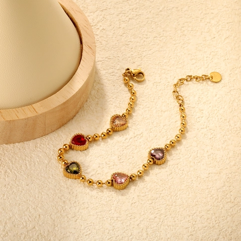 Herz Anhänger Armband Bunte Zirkonia Edelstahl Gold Perlenkette Verstellbar Süßer Schmuck Für Damen