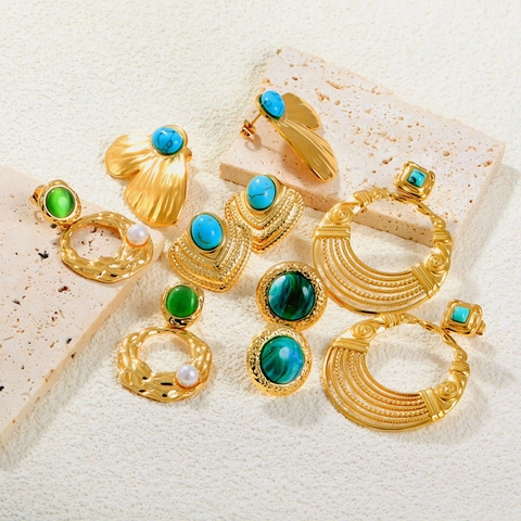 Vintage Bohemian Ohrringe Edelstahl 18K Vergoldet Mit Türkis Malachit Herz Sonne Fächerförmig Für Damen