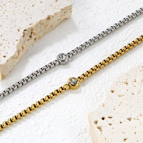 Collana e Bracciale in Acciaio Inossidabile Catena Veneziana Pendente Zirconia Tondo Per Donna Elegante Geometrico Cuore Gioielli Oro Argento