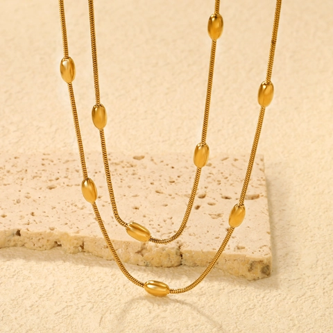 Collar De Cadena De Serpiente Por Capas Acero Inoxidable Chapado En Oro De 18K Cuentas Ovaladas Hip Hop Para Mujer