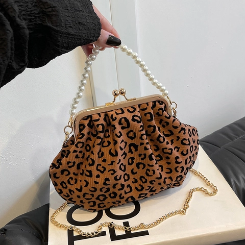 Vintage Umhängetasche Mit Leopardenmuster Stoff Künstliche Perlen Griff Metallkette Plissee Retro Elegante Handtasche Damen