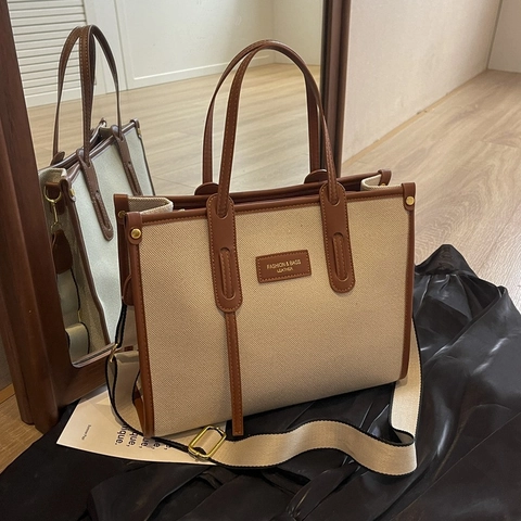Borsa Tote In Tela Da Donna Grande Capacita Borsa A Mano Bicolore Borsa A Tracolla Con Tracolla Larga Regolabile Per Ufficio
