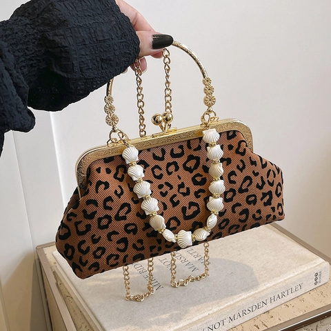 Retro Umhängetasche Mit Leopardenmuster Muschelform Griff Aus Perlen Metallring Griff Goldene Kette Vintage Damen Handtasche