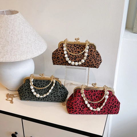 Retro Umhängetasche Mit Leopardenmuster Muschelform Griff Aus Perlen Metallring Griff Goldene Kette Vintage Damen Handtasche