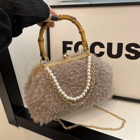 Bolso De Concha De Lana De Cordero De Peluche Con Asa De Bambú Cadena De Perlas Artificiales Bolso De Hombro De Piel Para Mujer